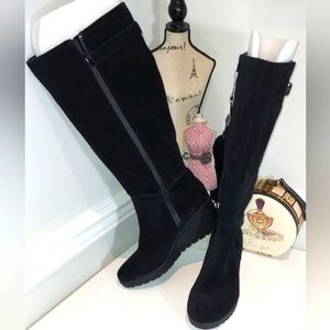 Giani Bernini Tall Black Suede Wedge Extended Calf Boots Size 8.5WC NWT